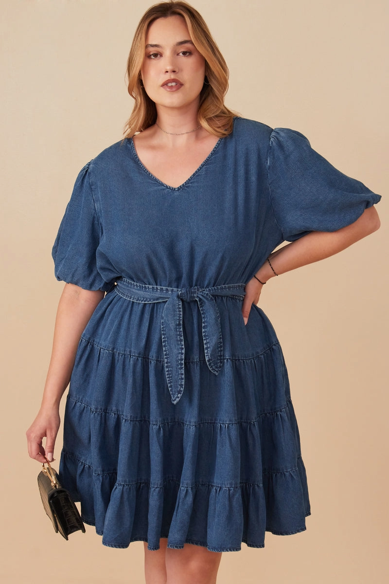 Soft Balance Denim Washed Belted V Neck Dress