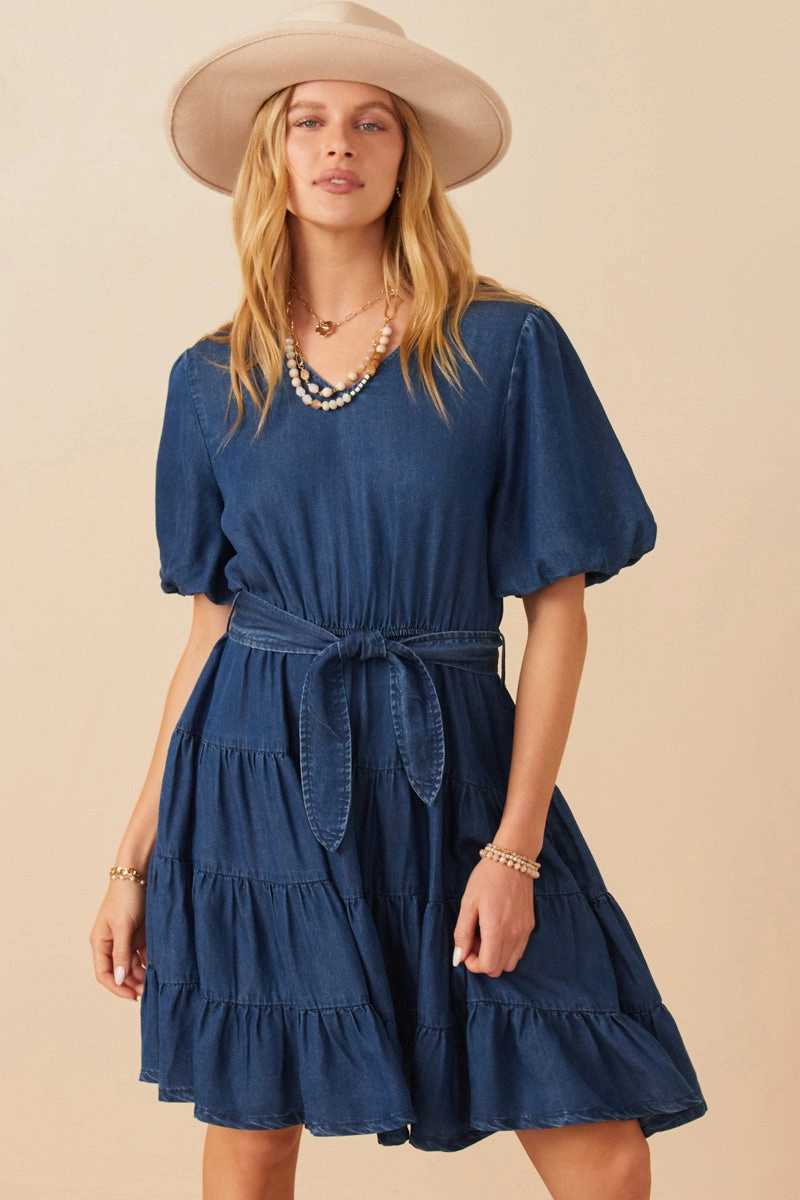 Crinkle Effect Denim Washed Belted V Neck Dress