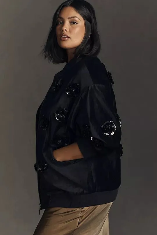 Eva Franco Jacket Velvet Floral Embroidered Bomber Jacket