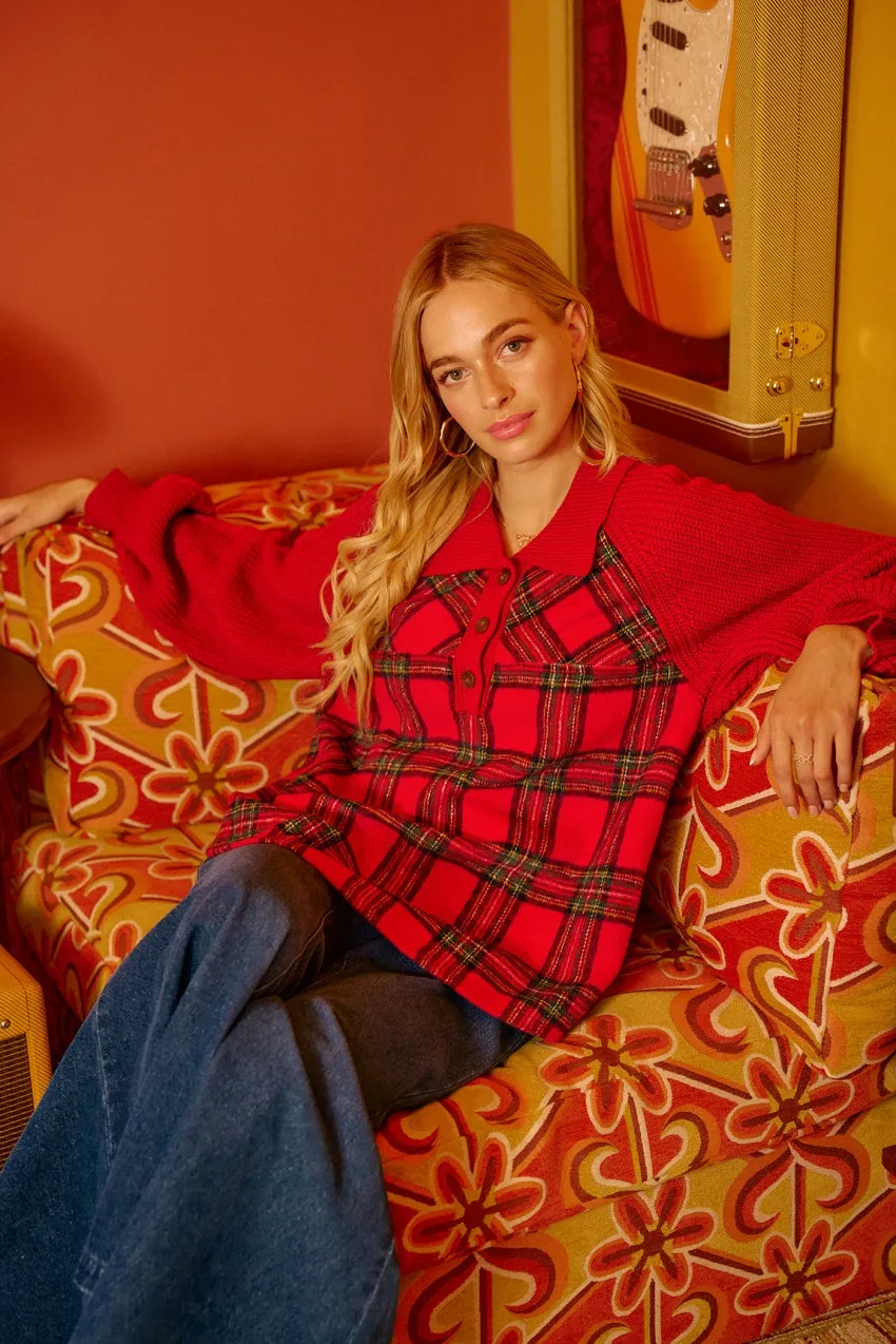 One Color IT4688S-02 | CHRISTMAS PLAID BUTTONED COLLARED TOP WITH SWEATER