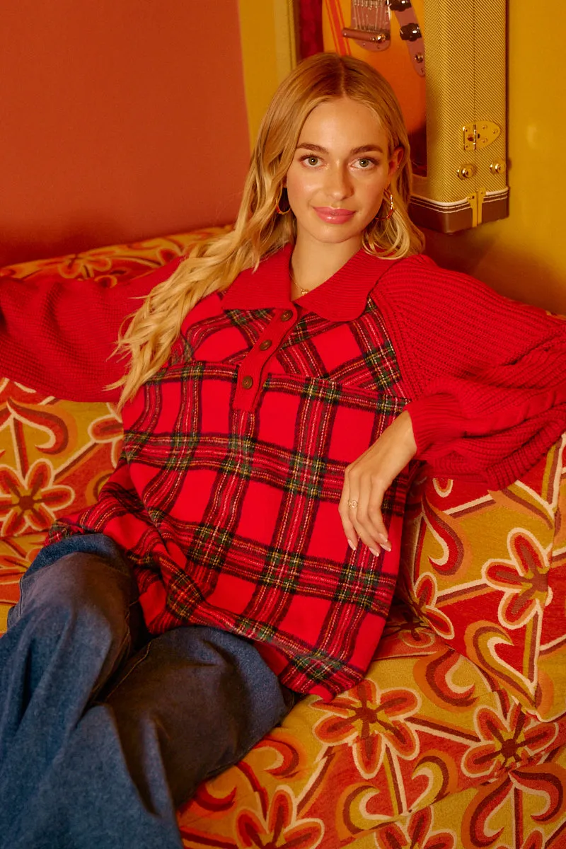 Go Anywhere Wear Winter Outerwear IT4688S-02 | CHRISTMAS PLAID BUTTONED COLLARED TOP WITH SWEATER