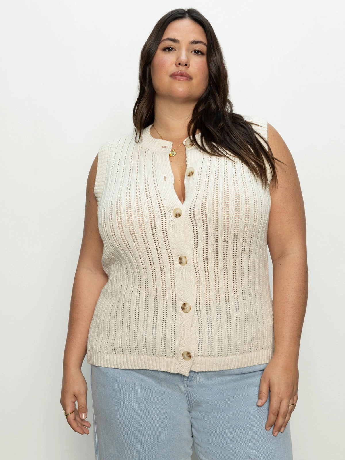 Sharp Style Pointelle Shell Sweater Eco Natural Extended Sizing