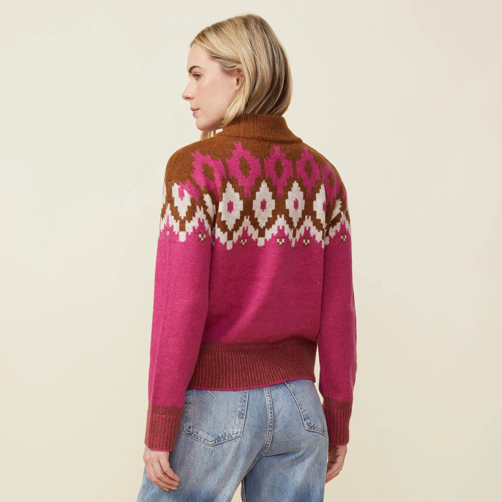 Polished Detail Mock Neck Fair Isle Sweater