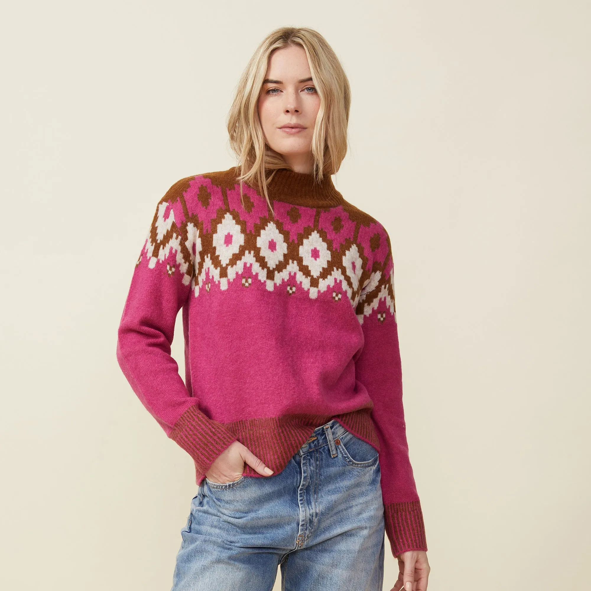 Polished Detail Mock Neck Fair Isle Sweater