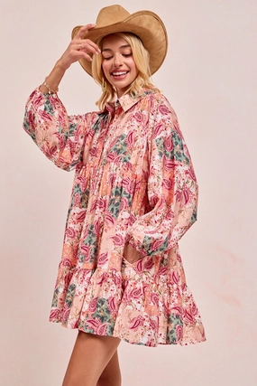 ID2029G-05 | FLORAL PAISLEY PRINT HALF BUTTONED SHIRT DRESS Windbreaker Inspired Fit