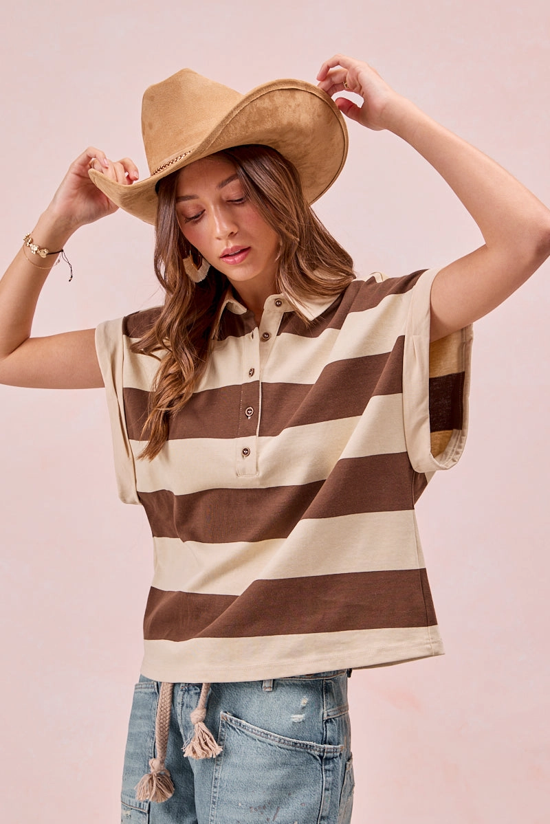 All Day Style IT4255S-01 | WIDE STRIPE BUTTONED COLLARED TOP
