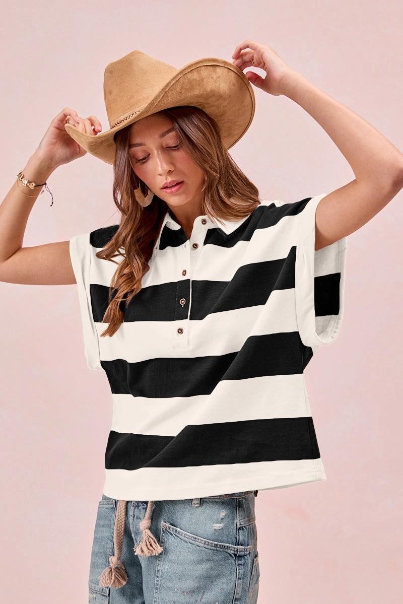 IT4255S-01 | WIDE STRIPE BUTTONED COLLARED TOP Water Repellent Finish