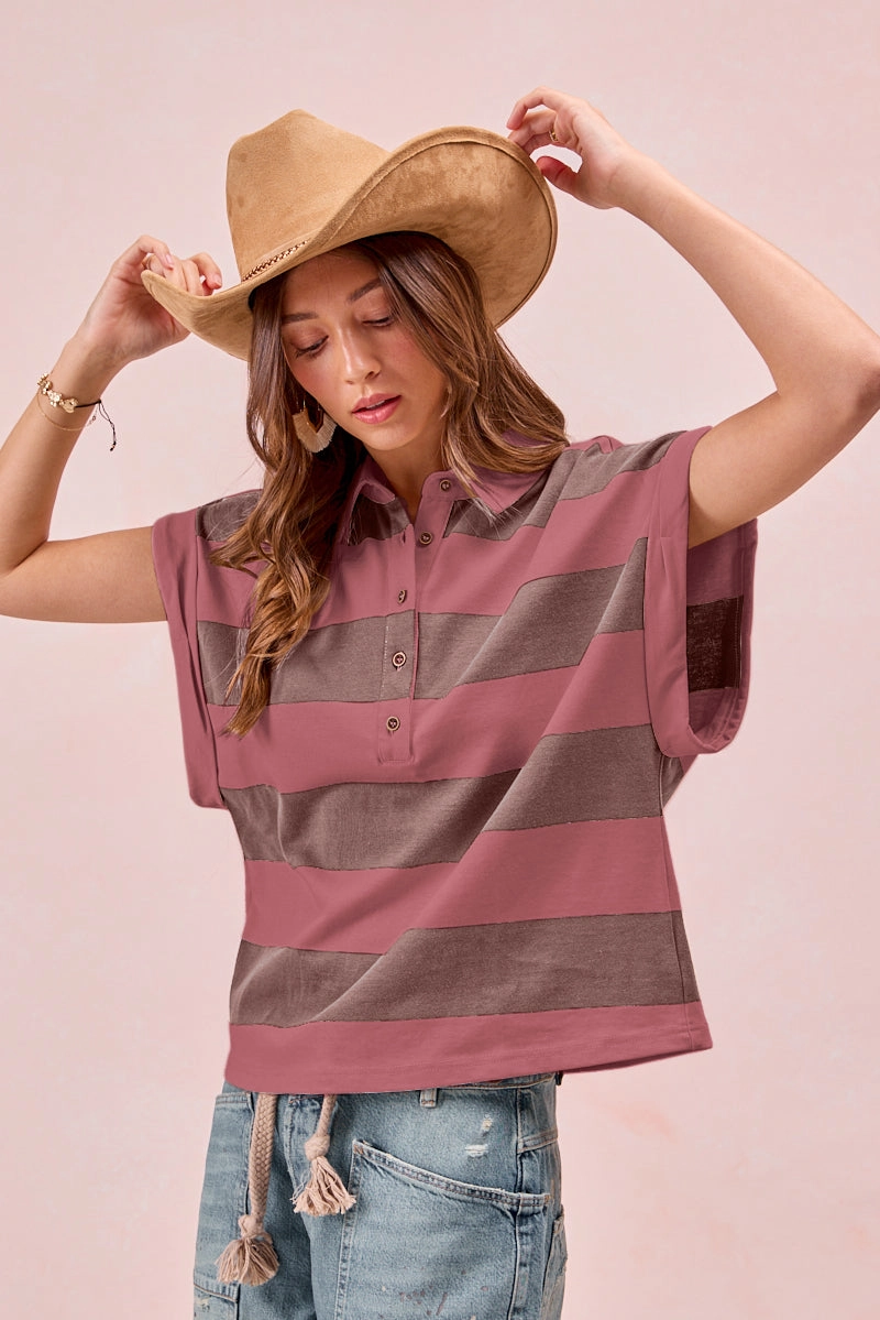 IT4255S-01 | WIDE STRIPE BUTTONED COLLARED TOP Casual Feel
