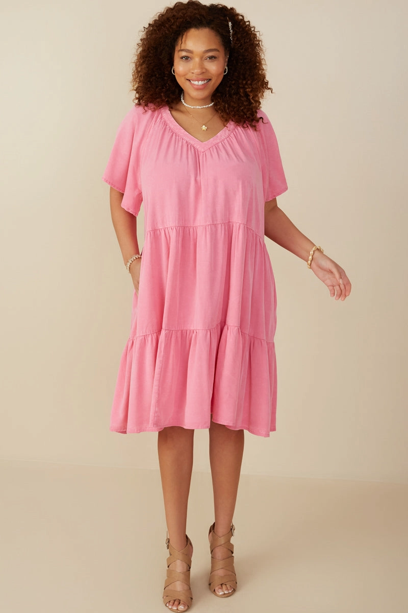 Hook-And-Eye Confident Touch Washed Tencel V Neck Tiered Dress
