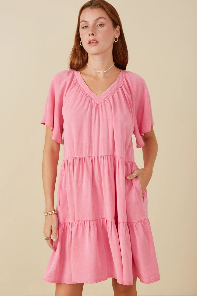Washed Tencel V Neck Tiered Dress Breathable Fit