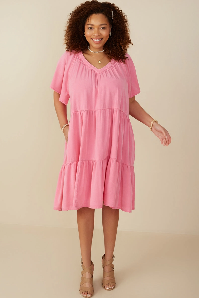 Washed Tencel V Neck Tiered Dress Ruffle Hem Business casual