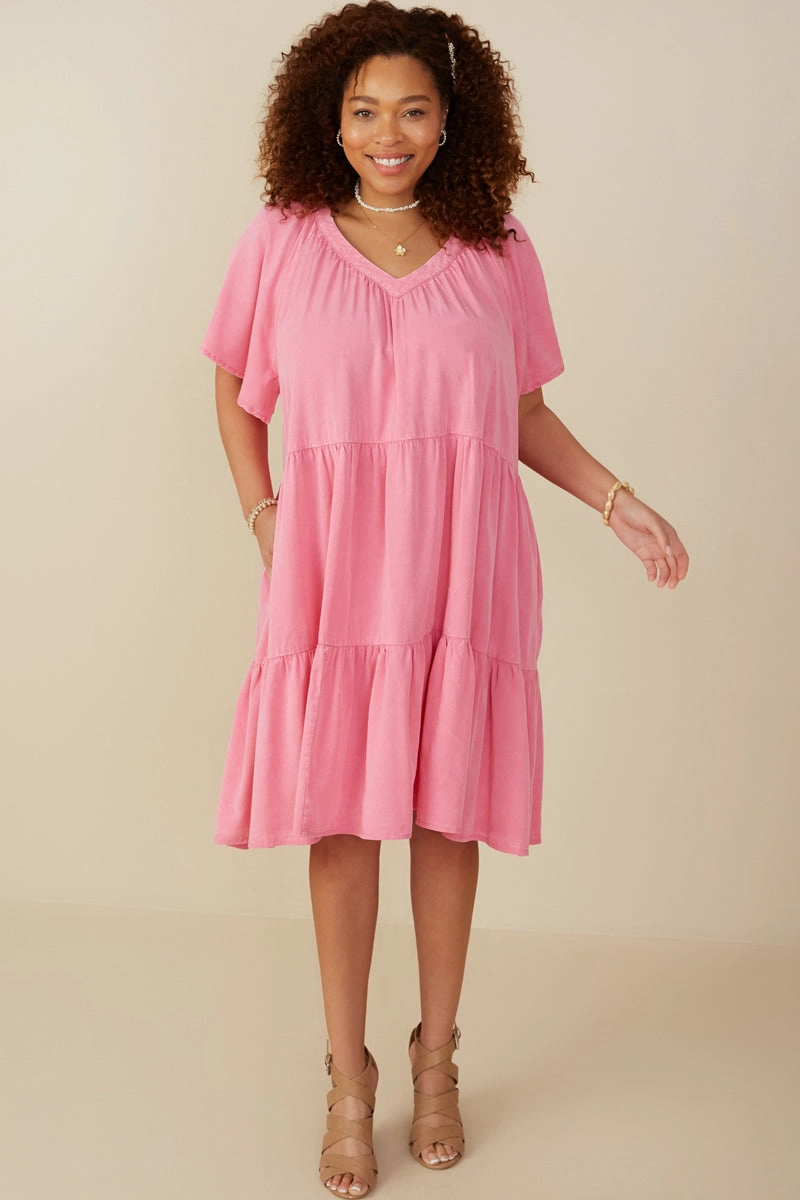 Washed Tencel V Neck Tiered Dress sweet moment Confident Mood