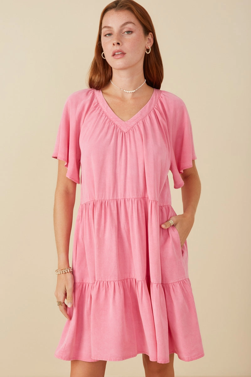 Signature-Style Washed Tencel V Neck Tiered Dress