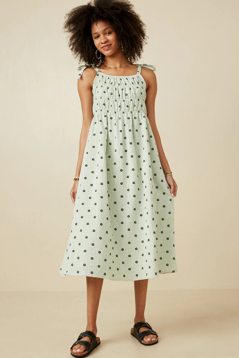 everyday elegance Polka Dot Tie Strap Smocked Dress