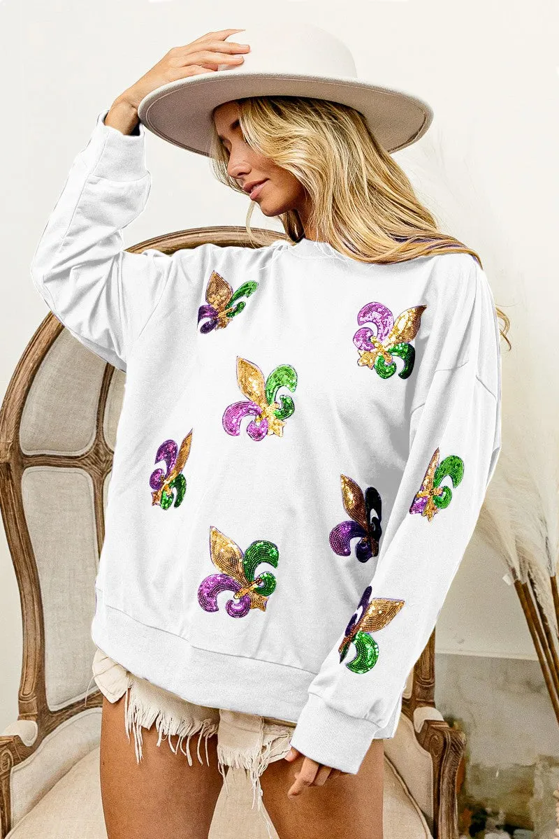 IP8232G-30 | FLEUR DE LIS SEQUIN PATCHES MARDI GRAS PULLOVER Timeless Fit Style Cold Resist