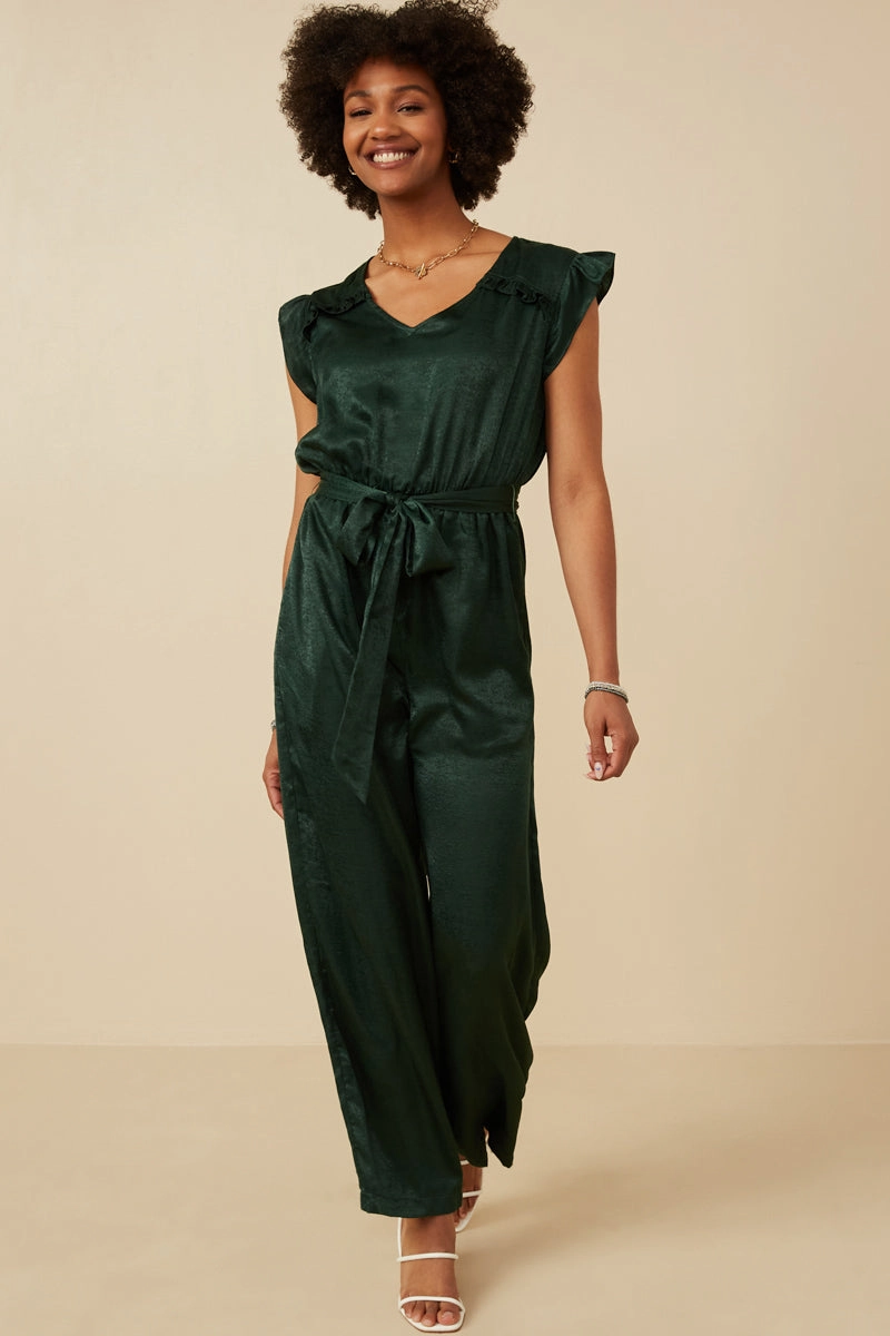 Ruffled Crushed Satin Wide Leg Jumpsuit Party Safe