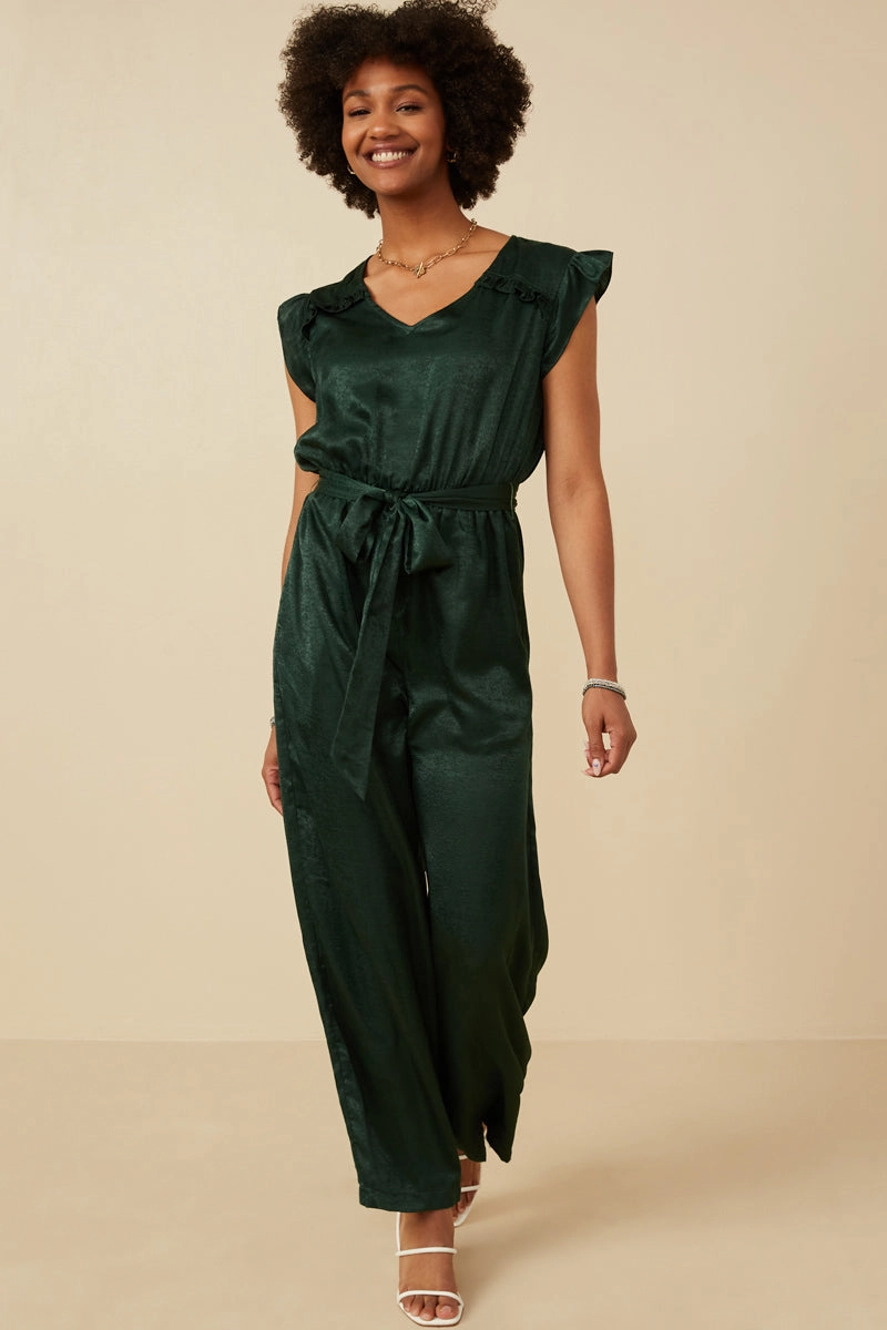 Soft Volume Signature-Style Ruffled Crushed Satin Wide Leg Jumpsuit