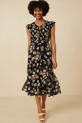 Minimalist fit-and-flare Art-Gallery Smocked Romantic Floral Ruffled Tank Dress