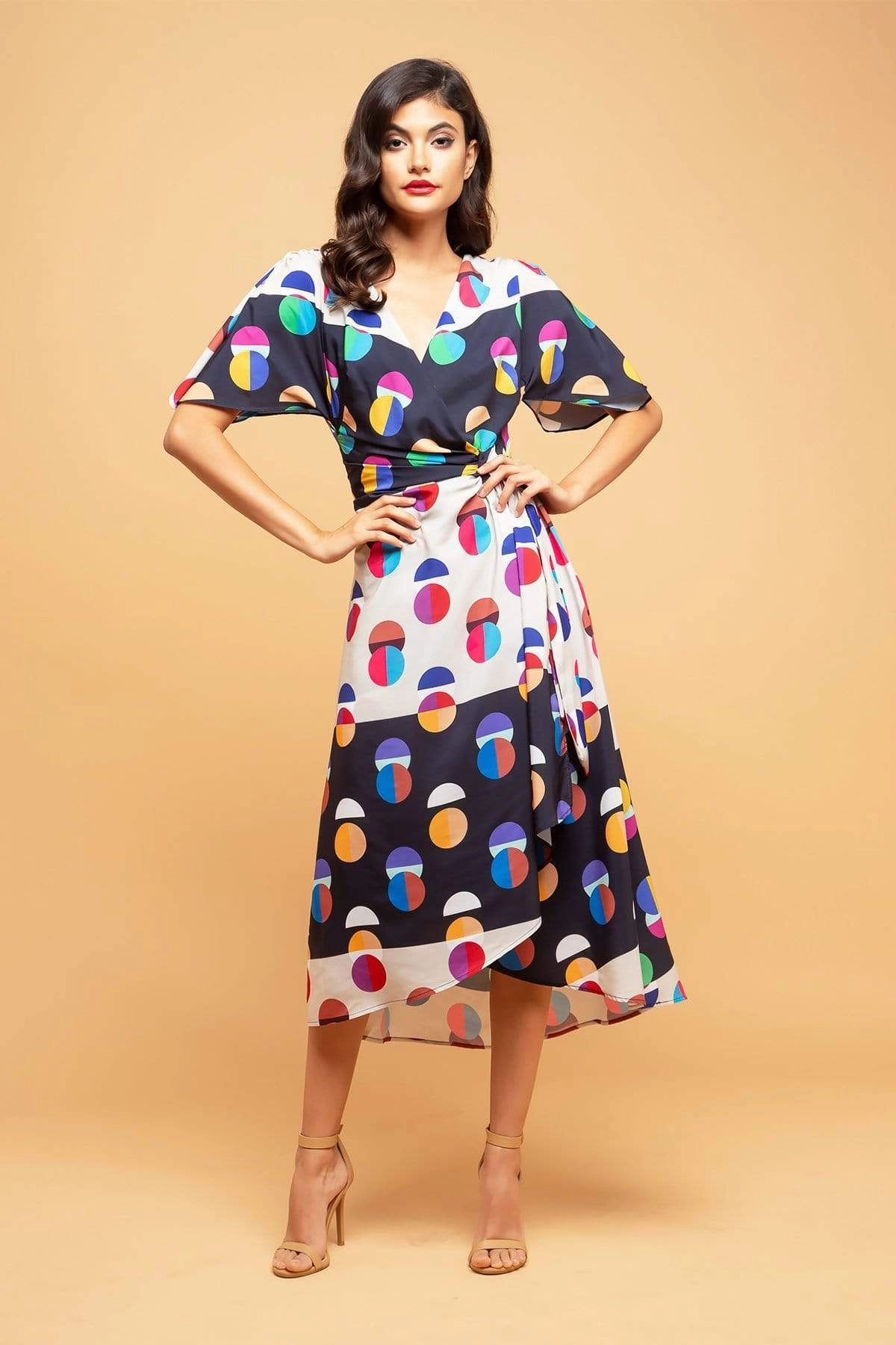 Practical Yet Fashionable Marika Faux Wrap Dress With Dolman Sleeves - Miro Dot