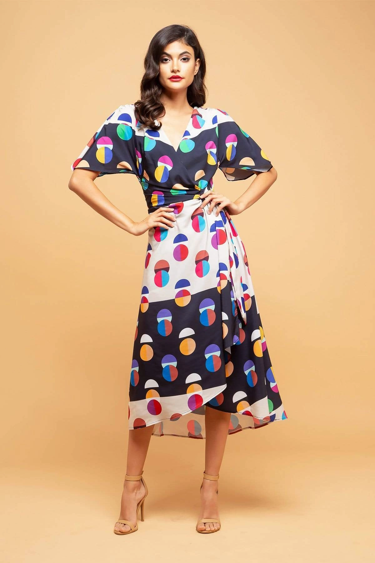 Timeless Fashion Summer Picnic Marika Faux Wrap Dress With Dolman Sleeves - Miro Dot