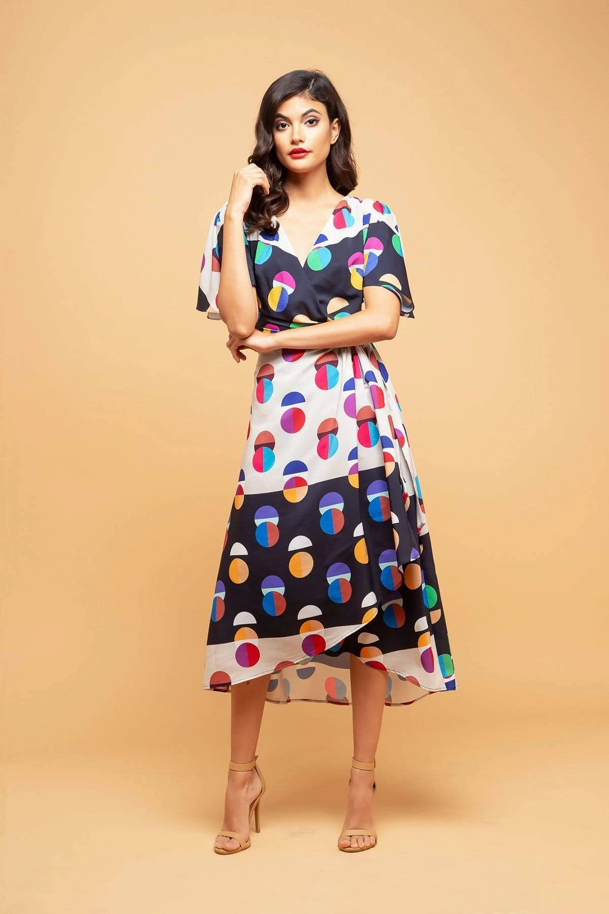 Practical Yet Fashionable Marika Faux Wrap Dress With Dolman Sleeves - Miro Dot