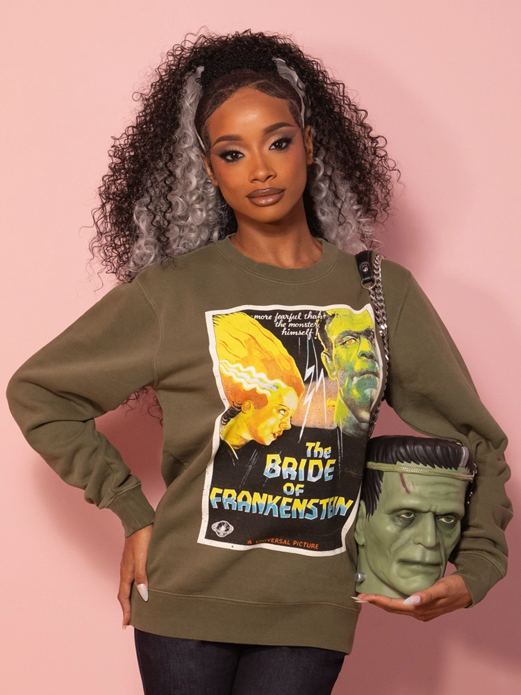 PRE-ORDER - Universal Monsters: Bride of Frankenstein Vintage Movie Poster Sweatshirt in Green (unisex) Sleek Draping Wear
