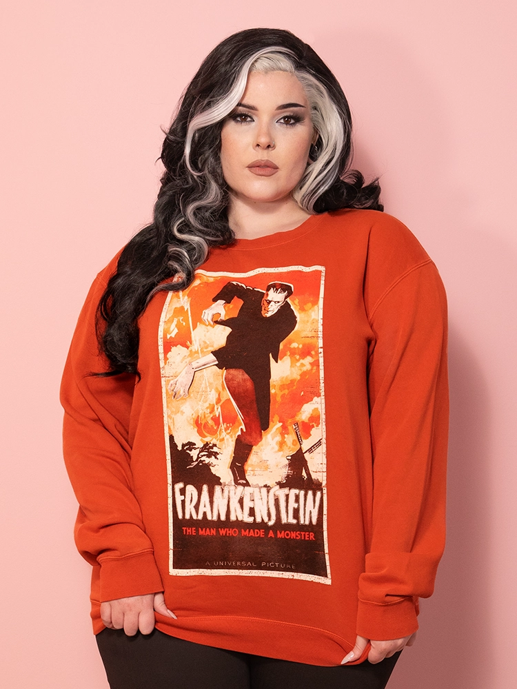 PRE-ORDER - Universal Monsters: Frankenstein Vintage Movie Poster Sweatshirt in Rust Red (unisex) Polished Outfit Casual everyday wear