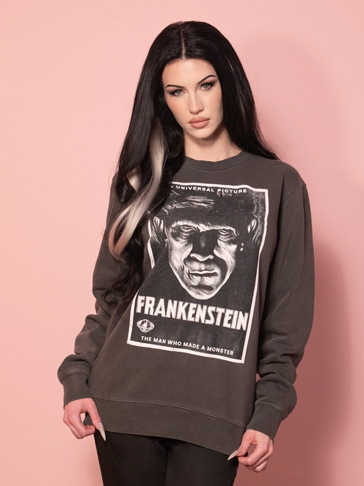 Simple Style PRE-ORDER - Universal Monsters: Frankenstein Vintage Movie Poster Sweatshirt in Washed Black (unisex)