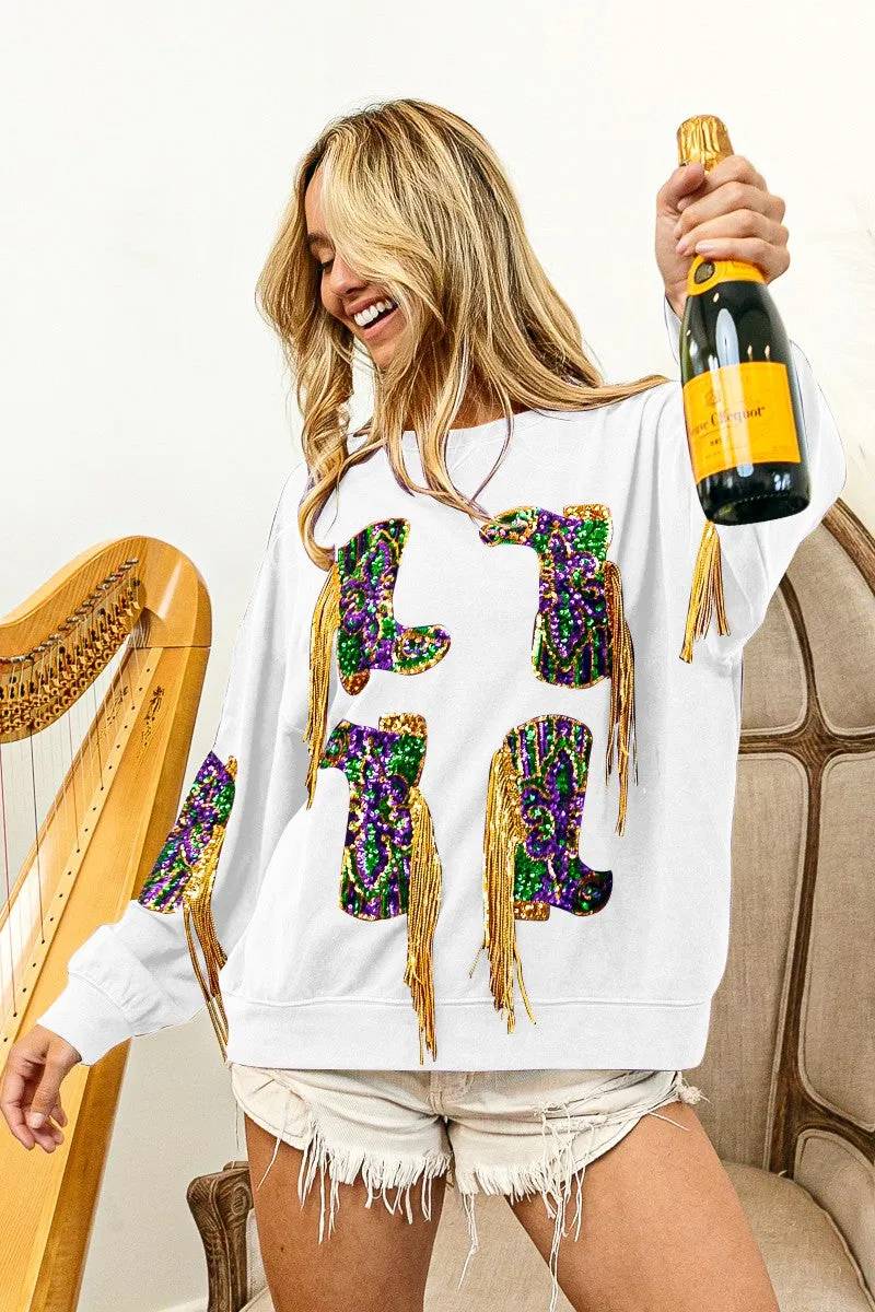 IP8232G-29 | FRINGED MARDI GRAS BOOTS SEQUIN  PULLOVER Wide Leg Timeless Look