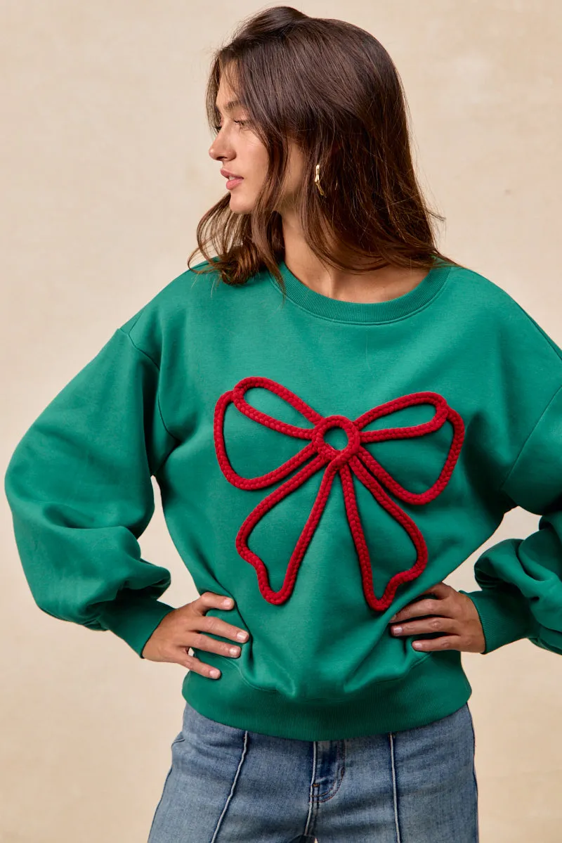 IT4777S-01 | BRUSHED TERRY BOW BRAID TAPE TOP BALLOON SLEEVES Layer Comfort