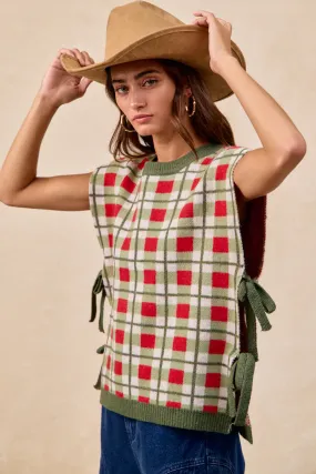 Functional Ease IT3515G-15 | CHRISTMAS PLAID PATTERN SIDE TIED SWEATER VEST