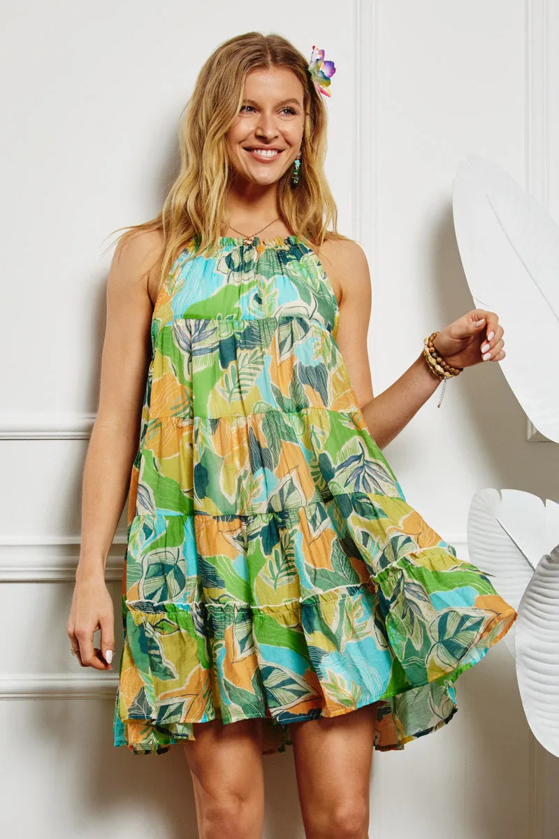 Chill Wear Textured Botanical Print Tiered Tank Dress