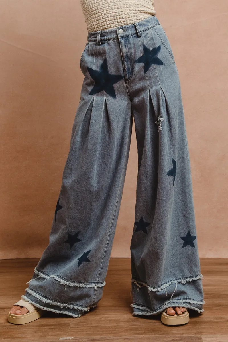 Bold Waistband Refined fit IB1597R-01 | MINERAL WASHED DENIM STAR PATCHWORK WIDE PANTS WITH FRAYED HEM DETAIL