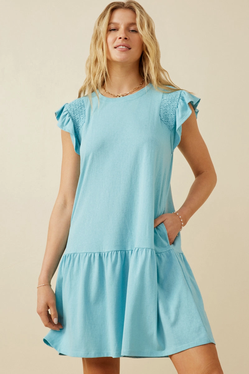 Modest Cut Smocked Shoulder Ruffle Detail Knit Dress