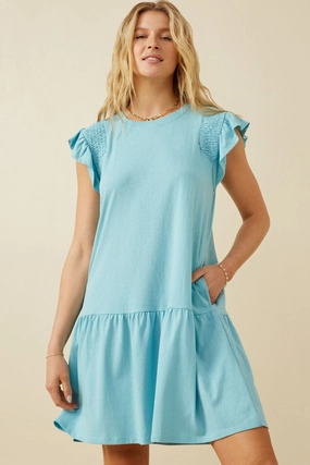 Smocked Shoulder Ruffle Detail Knit Dress Smooth Layers