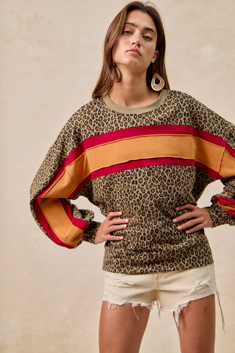 IT1485S-04 | LEOPARD FRENCH TERRY COLOR BLOCK TOP WITH CUT EDGE Effortless Style Padded hips
