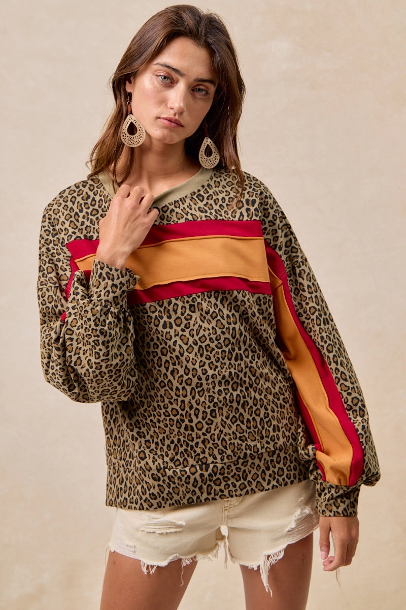 IT1485S-04 | LEOPARD FRENCH TERRY COLOR BLOCK TOP WITH CUT EDGE Outfit Staple Active Stretch