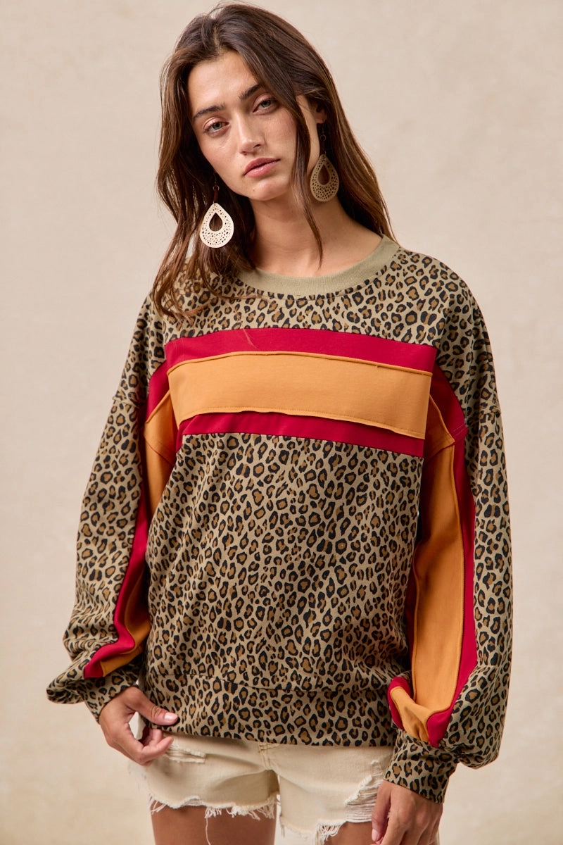 Active Stretch Urban Fit IT1485S-04 | LEOPARD FRENCH TERRY COLOR BLOCK TOP WITH CUT EDGE