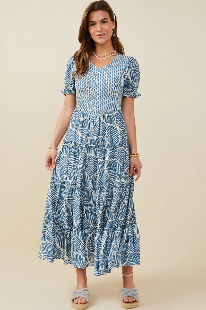 Sunset Look Clean Fit Print Block Botanical Smocked V Neck Dress