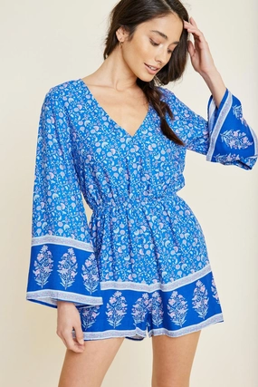 Printed Floral Bell Sleeve Romper Open-back Embroidered-Sleeve