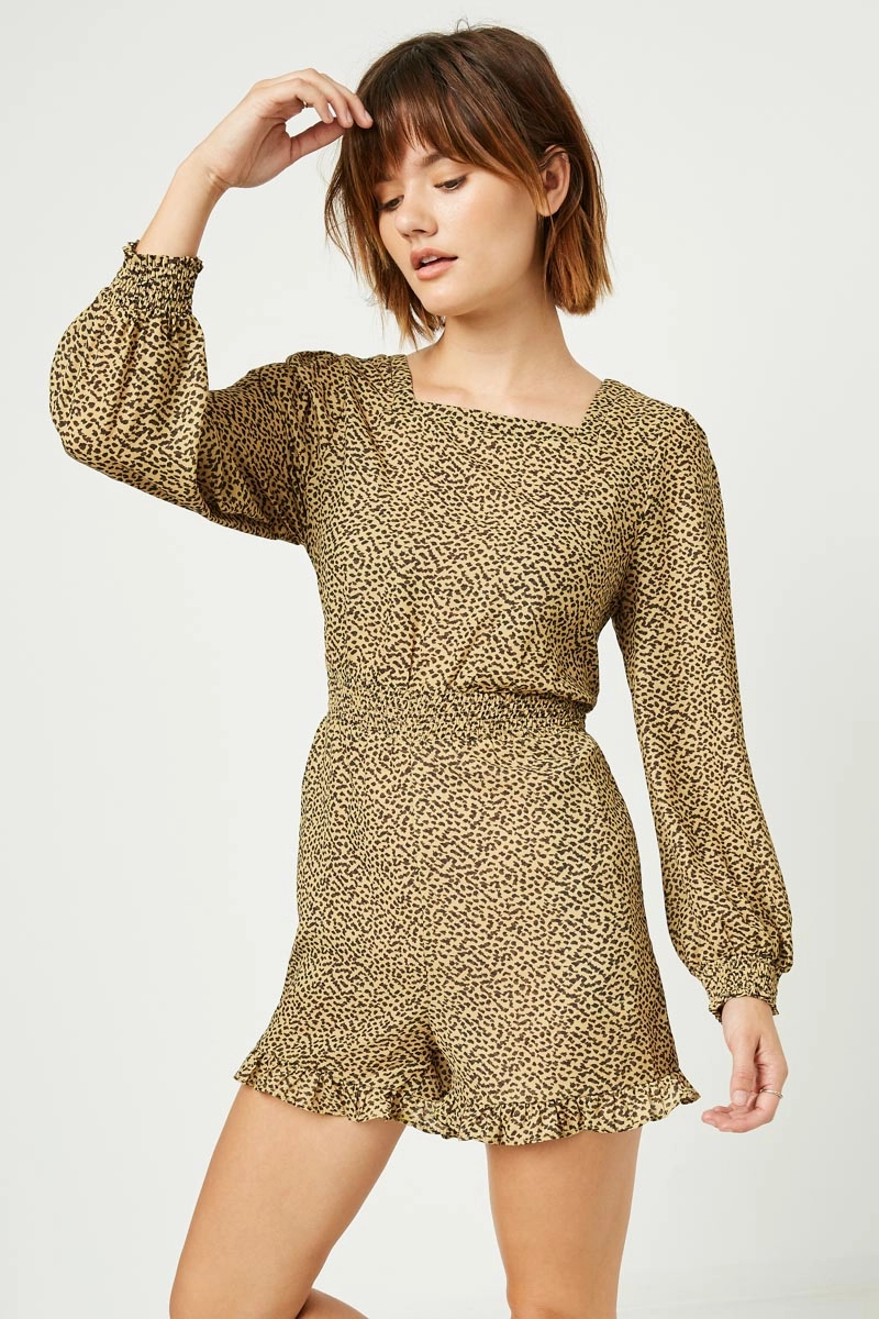 Trendy wrap gown Free Shape Printed Long Sleeve Smock Waist Romper