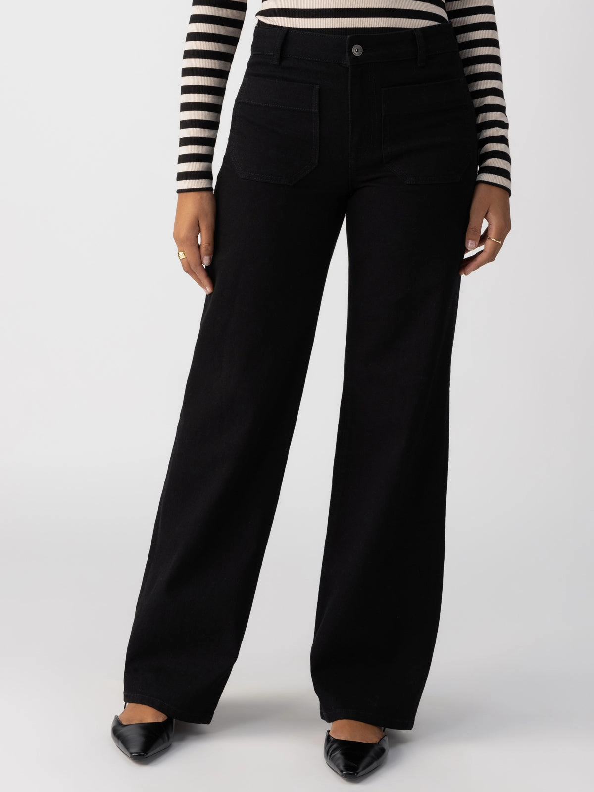 Striped Pattern Marine Full Length Standard Rise Jeans Black