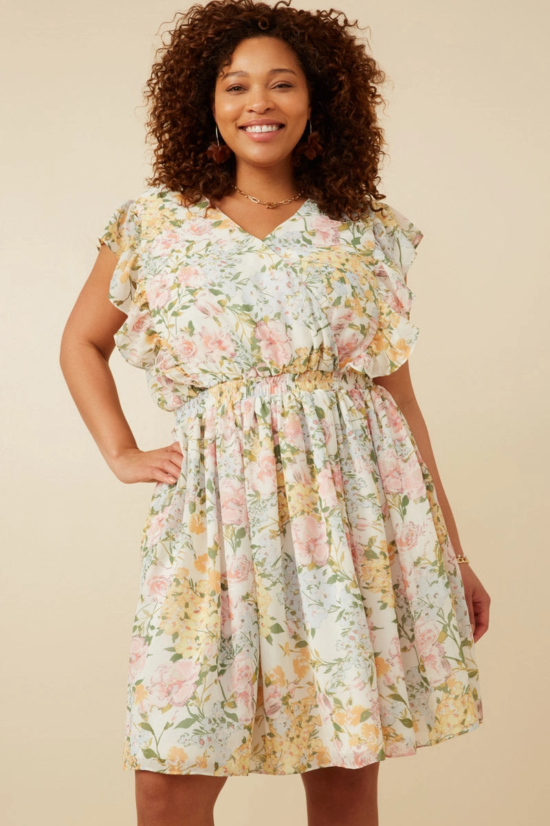 Soft Floral Ruffle Detail Surplice Dress Balanced Tones Tailored Mood