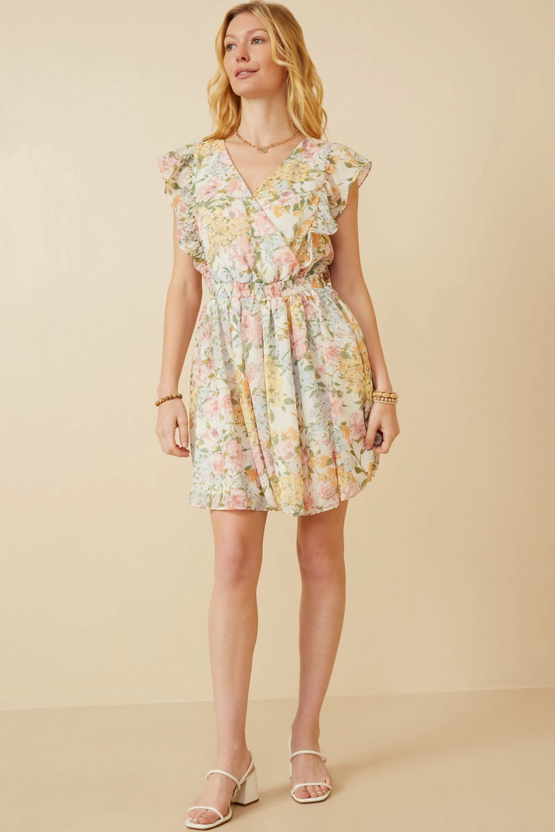 Cool Tone Lace-Edge Soft Floral Ruffle Detail Surplice Dress