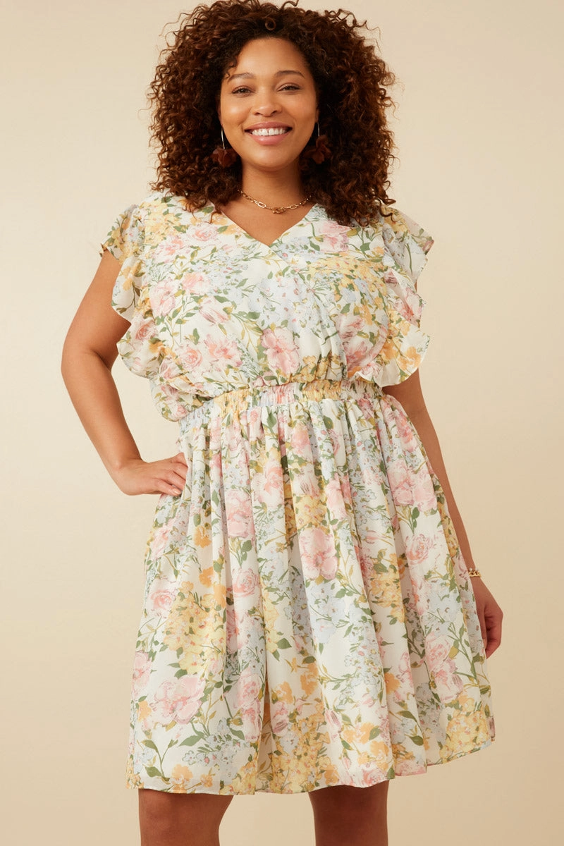 Comfortable shift dress Soft Floral Ruffle Detail Surplice Dress