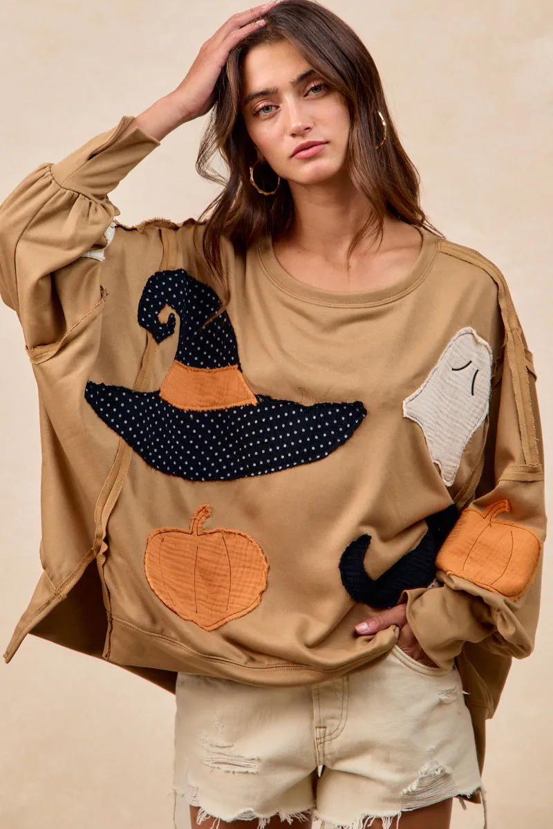 Relaxed Comfort Evening Out IT3426G-29 | HALLOWEEN THEME PATCHWORK FRENCH TERRY SWEATSHIRT