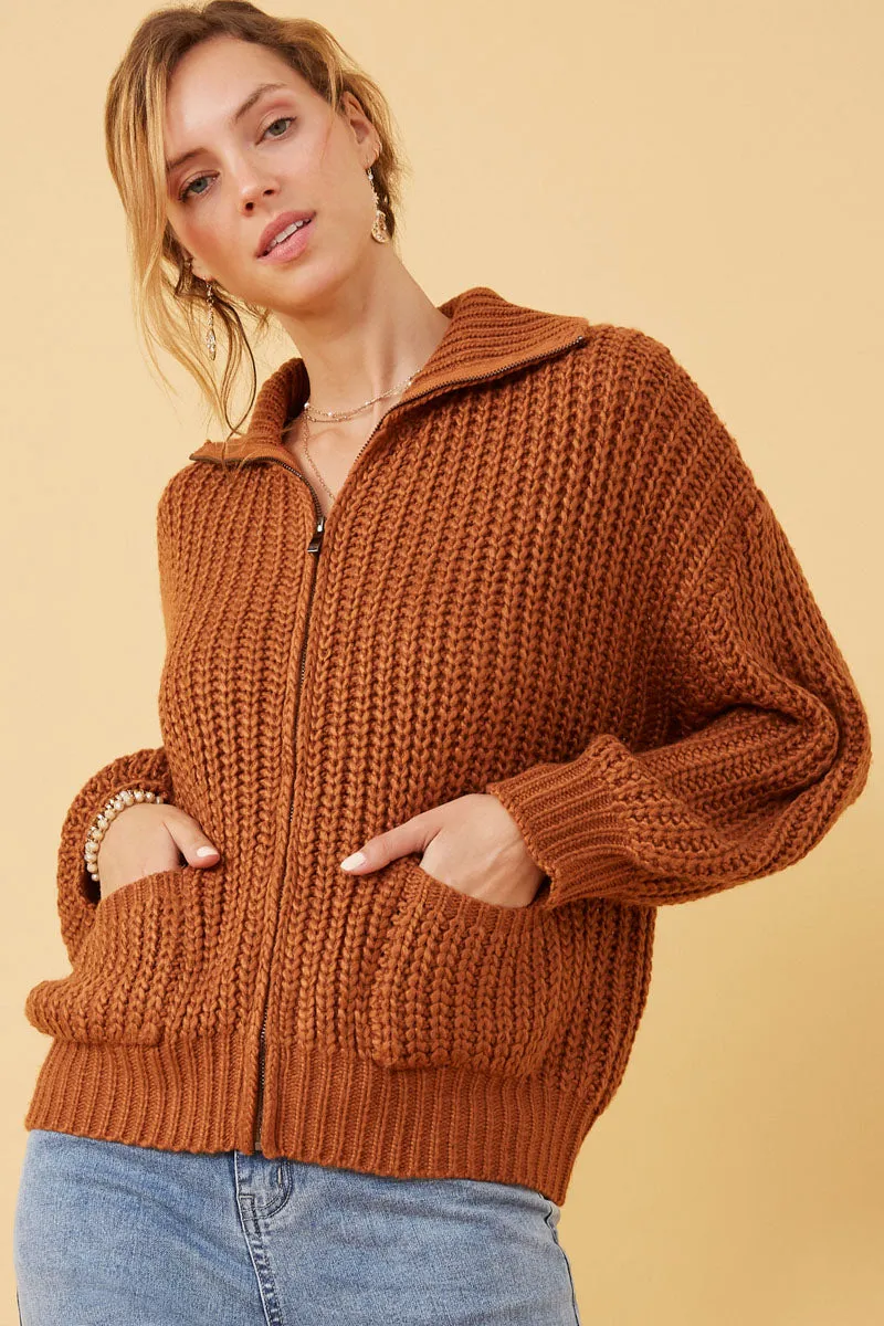 Zip Up Collared Puff Sleeve Knit Jacket Cheap Nice Rugged Daily Style