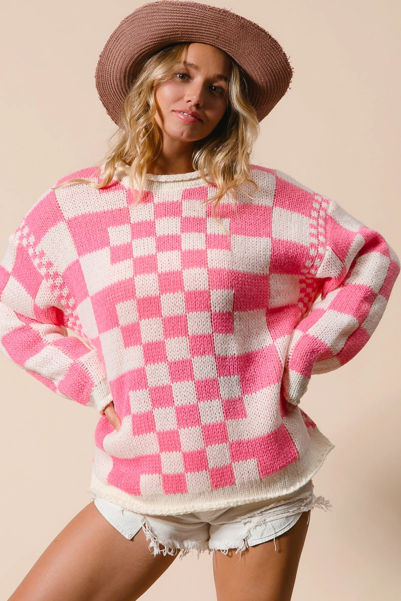Refined Style IP6411G-01 | MIXED VINTAGE CHECKERED CHUNKY SWEATER