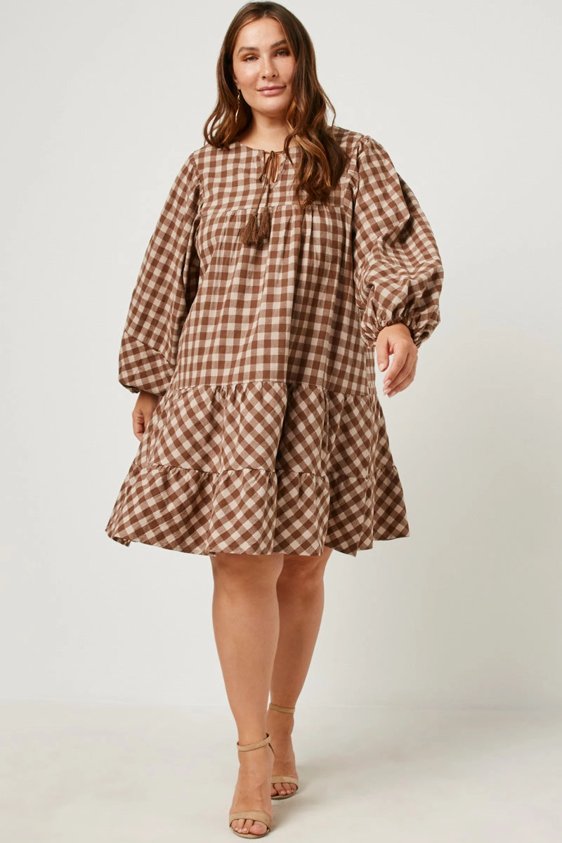 Bless Glow Puff Sleeve Tie Neck Gingham Dress