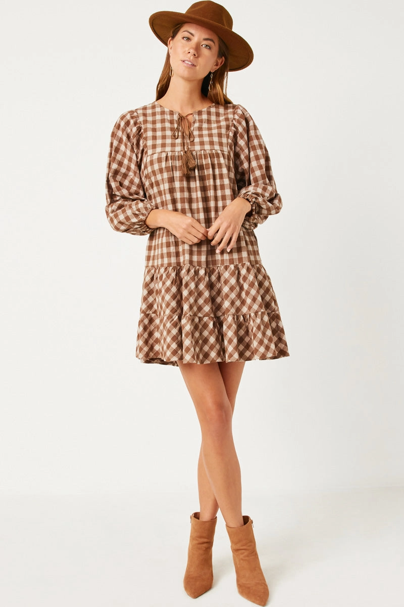 Puff Sleeve Tie Neck Gingham Dress Refined Cut